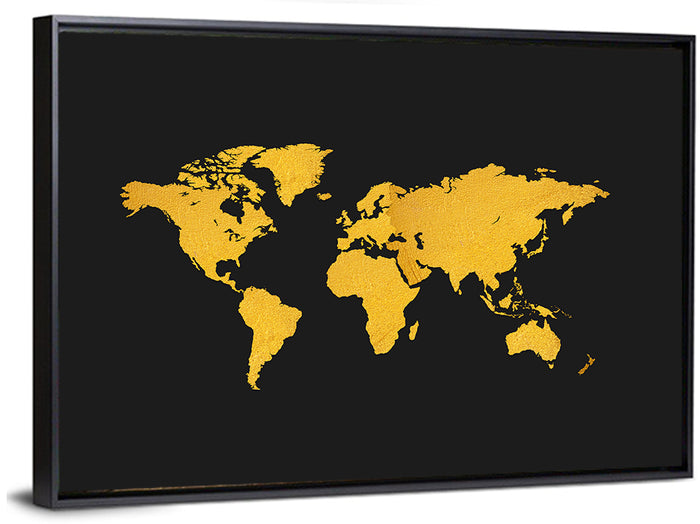 Gold Texture World Map Wall Art as a framed canvas