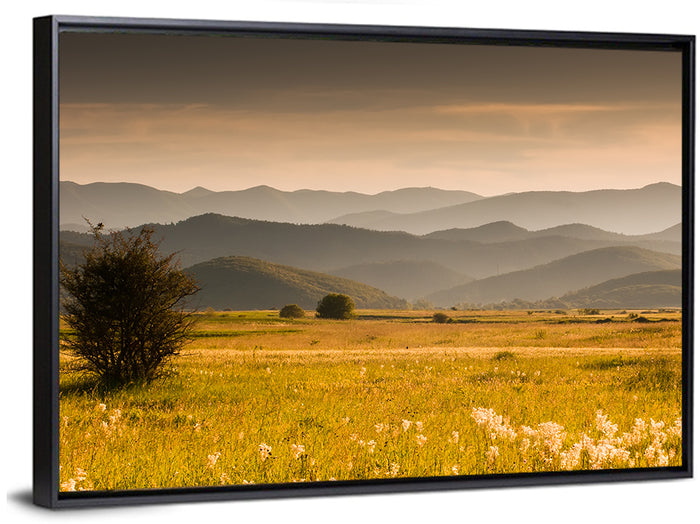 Golden Hour Countryside Hills Wall Art as a framed canvas