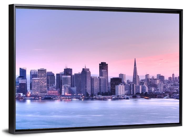 San Francisco Skyline at Lavender Dusk Wall Art as a framed canvas