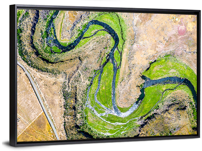 Kasagh River Valley Aerial Wall Art as a framed canvas