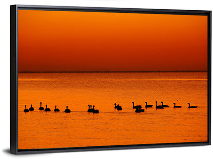 Geese Silhouettes at Orange Sunset Wall Art