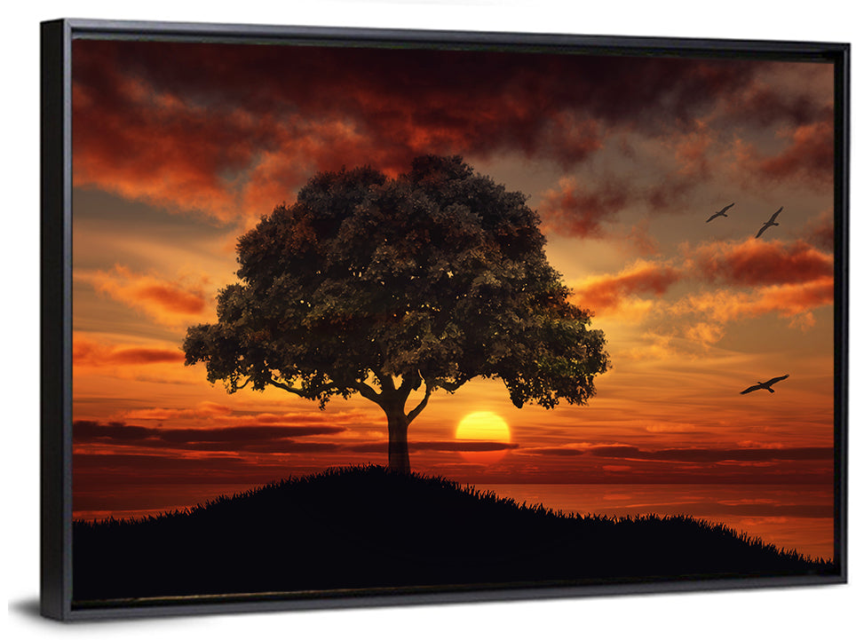 Lone Tree at Sunset with Birds Wall Art
