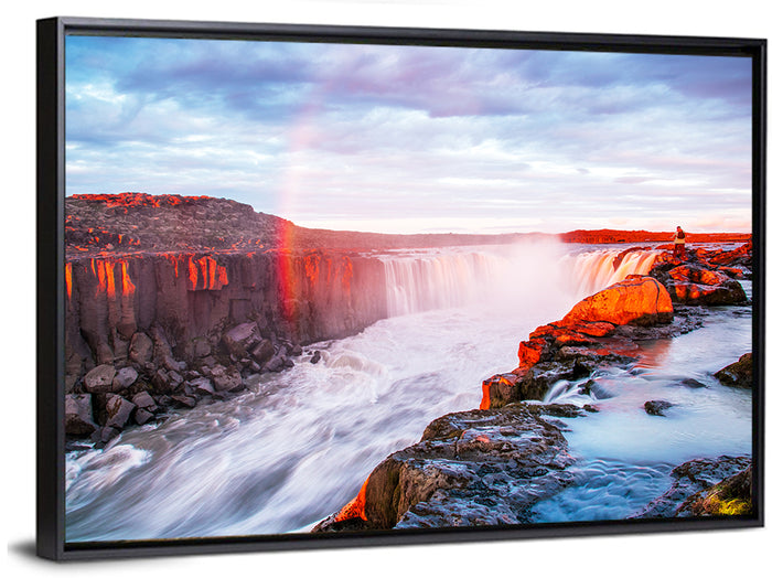 Golden Hour Selfoss Falls Rainbow Wall Art as a framed canvas