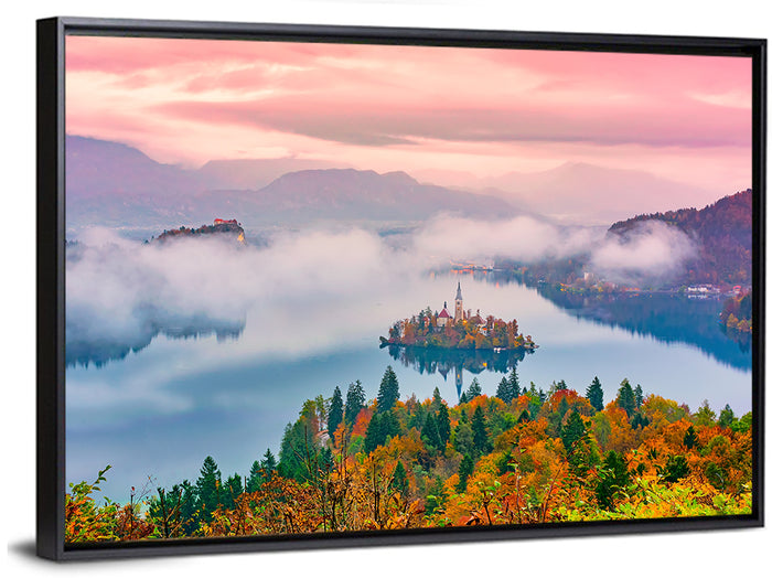 Misty Morning Over Lake Bled Wall Art as a framed canvas