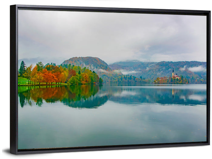 Lake Bled Island Church Wall Art as a framed canvas