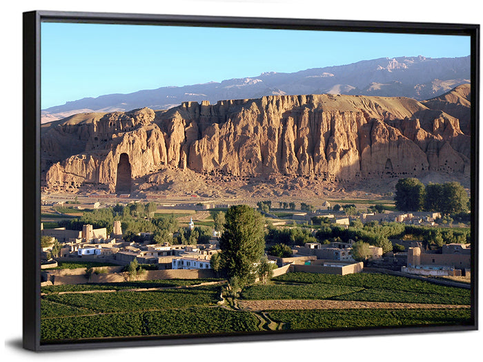 Bamiyan Valley Cliff Niche at Golden Hour Wall Art as a framed canvas