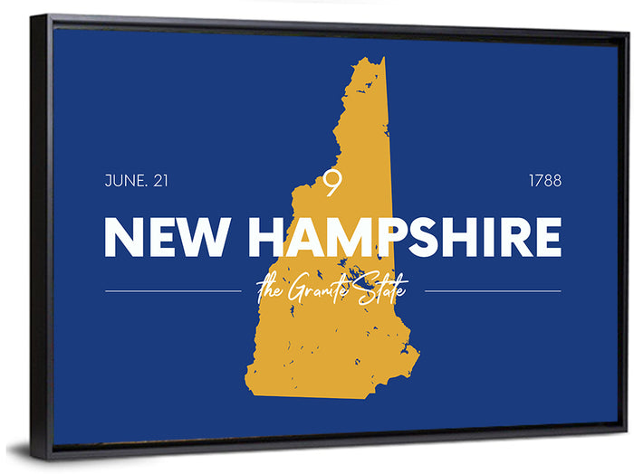 New Hampshire State Map, Blue and Gold Wall Art as a framed canvas