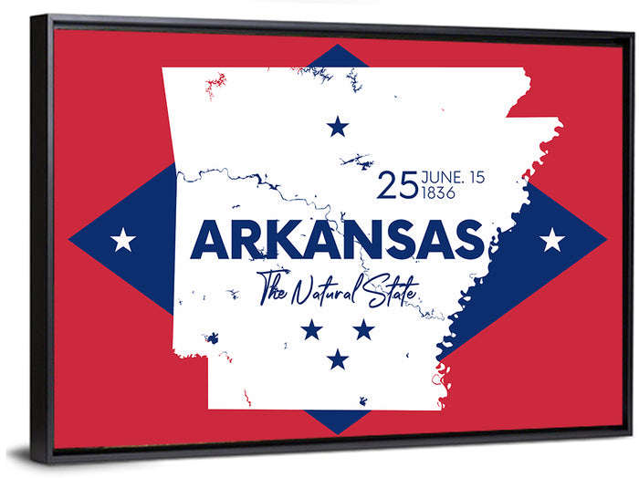 Patriotic Arkansas Map Wall Art as a framed canvas