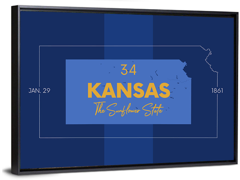 Kansas Typographic Map, Blue and Gold Wall Art