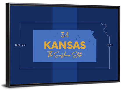Kansas Typographic Map, Blue and Gold Wall Art