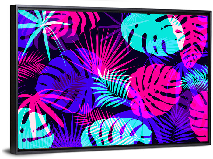 Neon Tropical Leaves Wall Art as a framed canvas