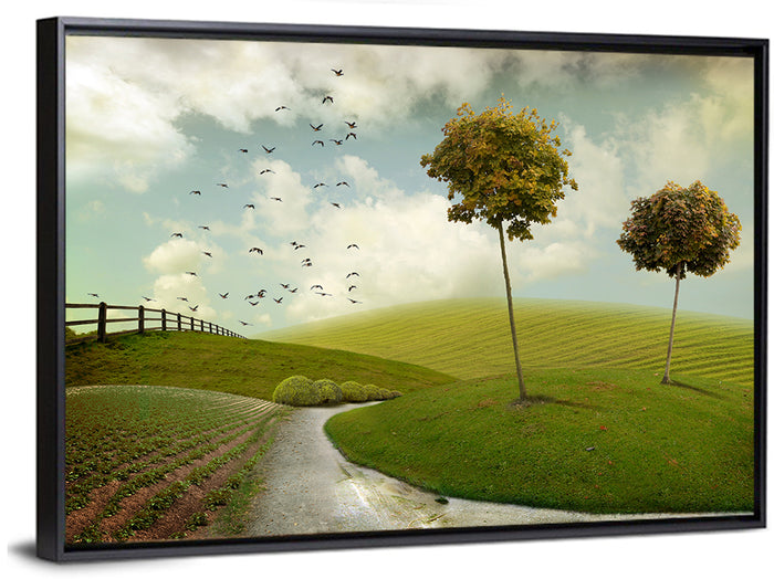 Serene Green Hills Pathscape Wall Art as a framed canvas