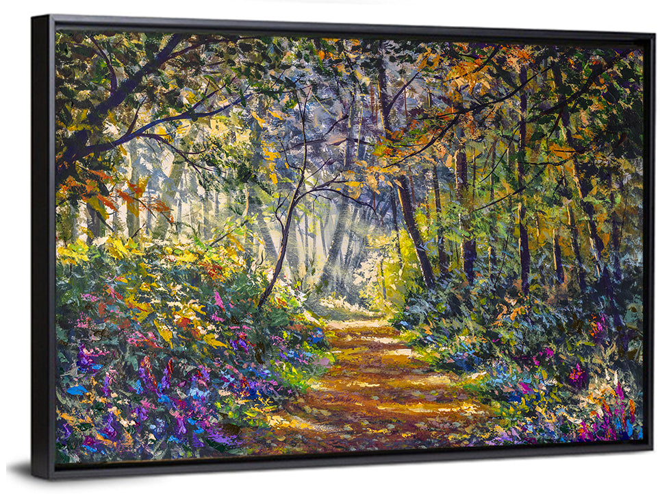 Sunlit Forest Path with Wildflowers Wall Art