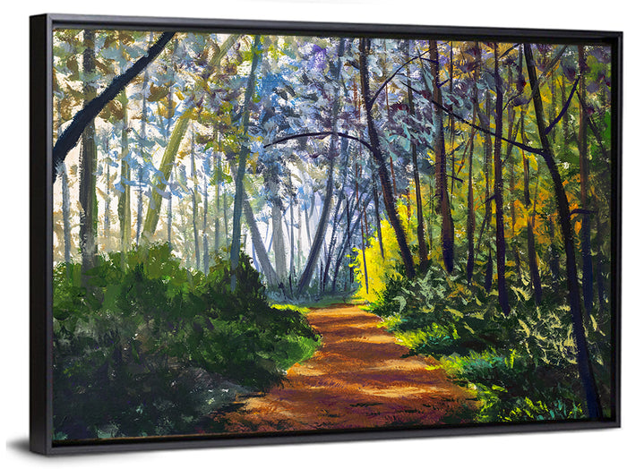 Sunlit Forest Alley Path Wall Art as a framed canvas