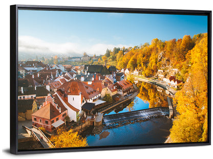 Český Krumlov River Weir in Autumn Wall Art