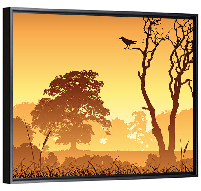 Golden Mist Tree Silhouettes with Crow Wall Art as a framed canvas