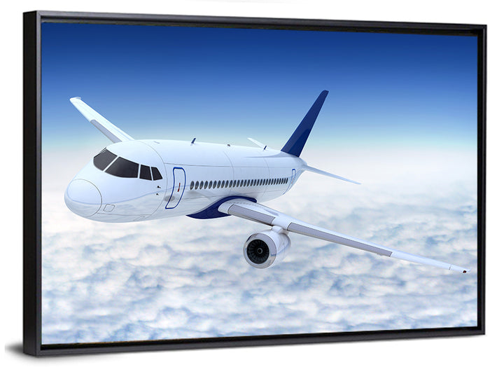 Commercial Jet Above Clouds Wall Art as a framed canvas