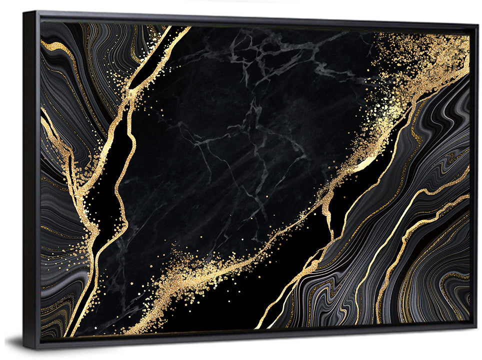 Gold Glitter Black Marble Abstract Wall Art