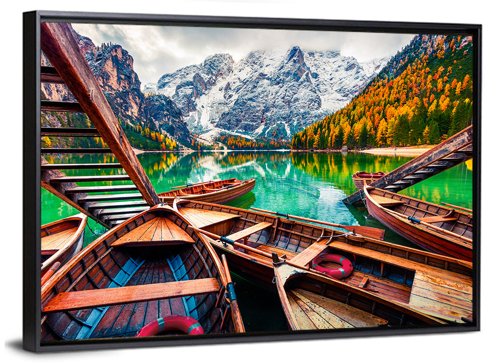 Braies Lake Wooden Stairs and Seekofel Mount Wall Art