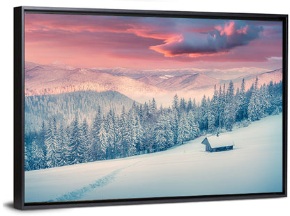 Cabin at Winter Sunrise Wall Art