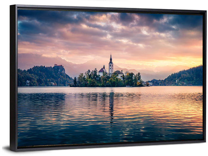 Golden Hour at Bled Island Wall Art as a framed canvas