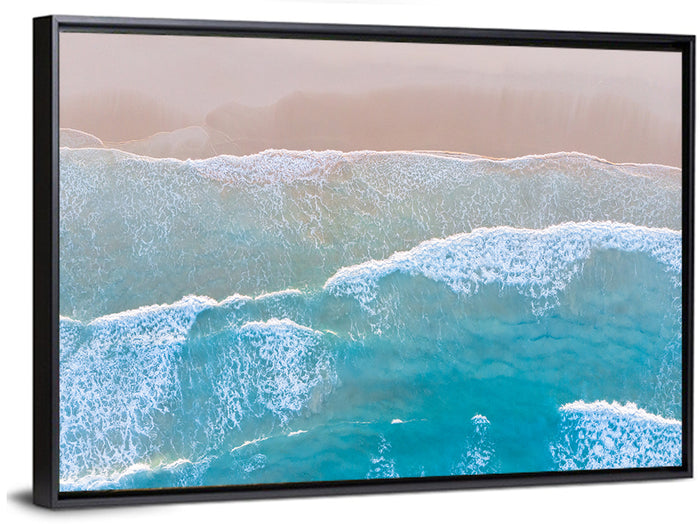 Turquoise Shoreline Aerial View Wall Art as a framed canvas