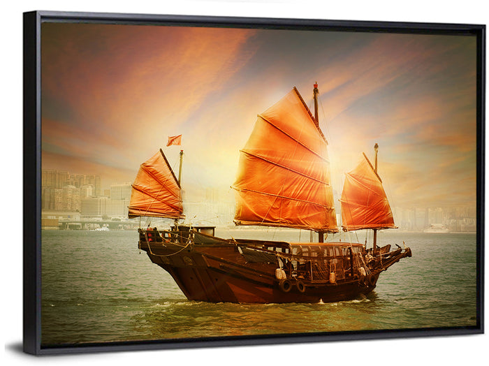 Red Sailed Junk at Victoria Harbour Wall Art as a framed canvas