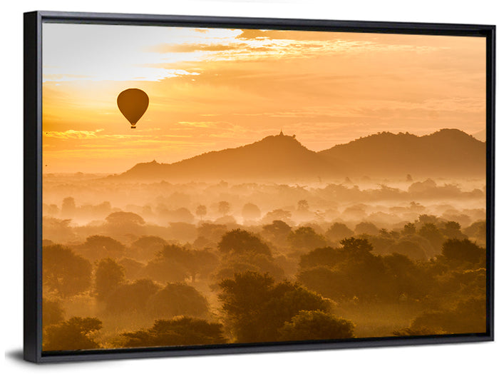 Hot Air Balloon Over Old Bagan Wall Art as a framed canvas