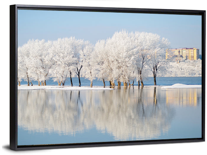Winter Lake Reflection Wall Art as a framed canvas