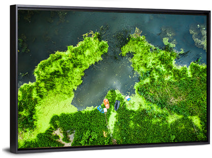 Green Algae Lake with Boats Wall Art