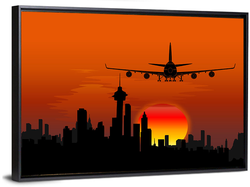 Approaching Jet Over Sunset Skyline Wall Art