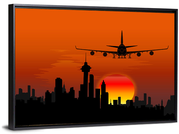 Approaching Jet Over Sunset Skyline Wall Art as a framed canvas