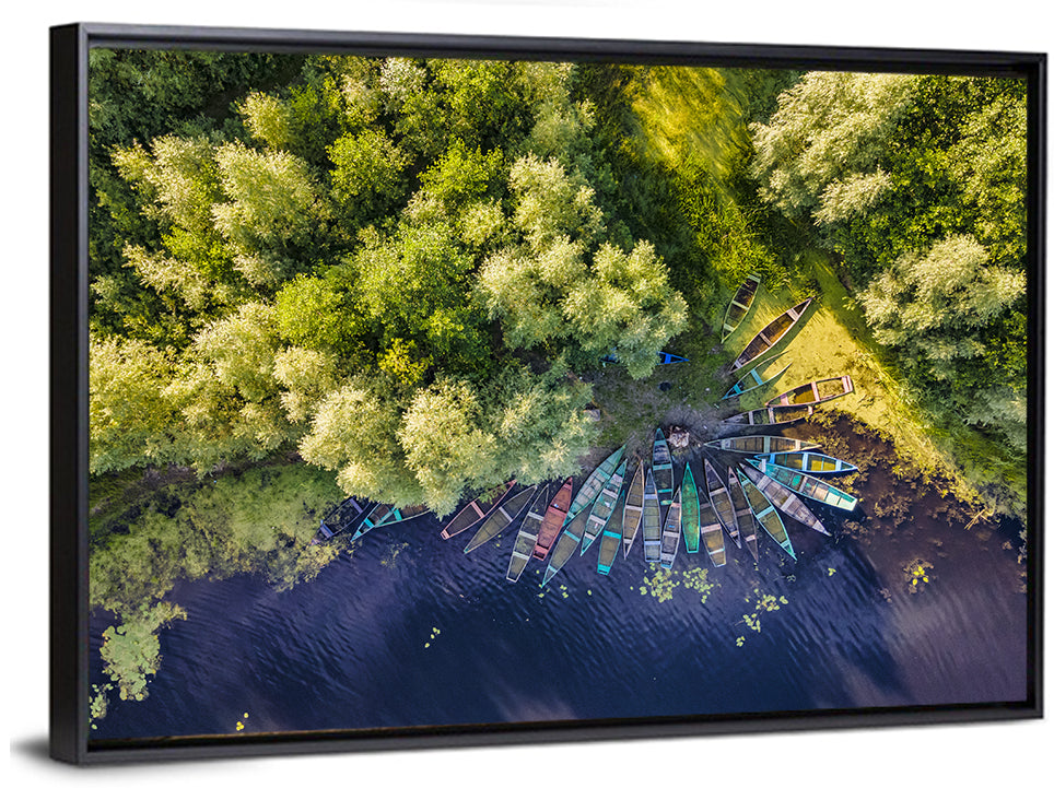 Cluster of Boats Along Forest Shore Wall Art