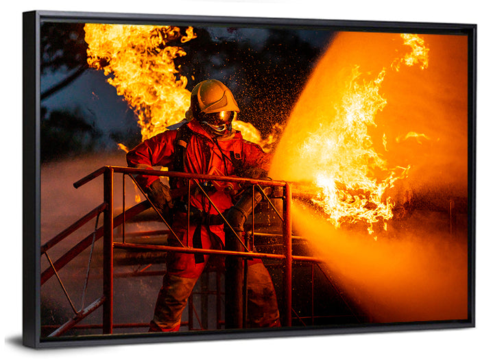 Firefighter Hose and Flame Wall Art as a framed canvas