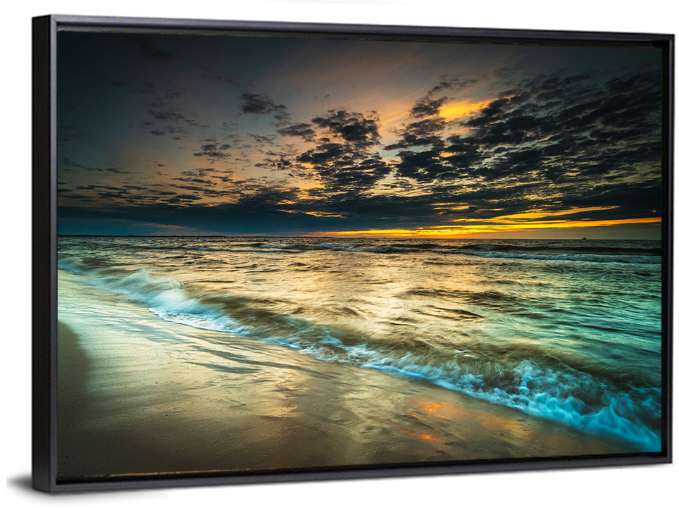 Shoreline Sunset with Boat Silhouette Wall Art