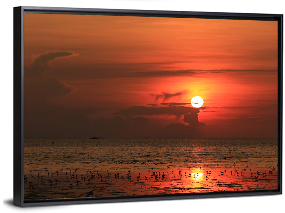 Red Sunrise with Birds Wall Art