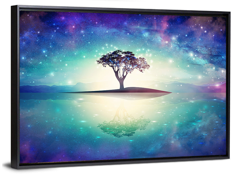 Glowing Island Tree Under Starry Nebula Wall Art