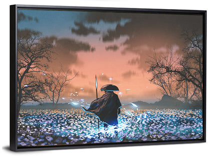 Straw Hat Samurai at Dusk Wall Art