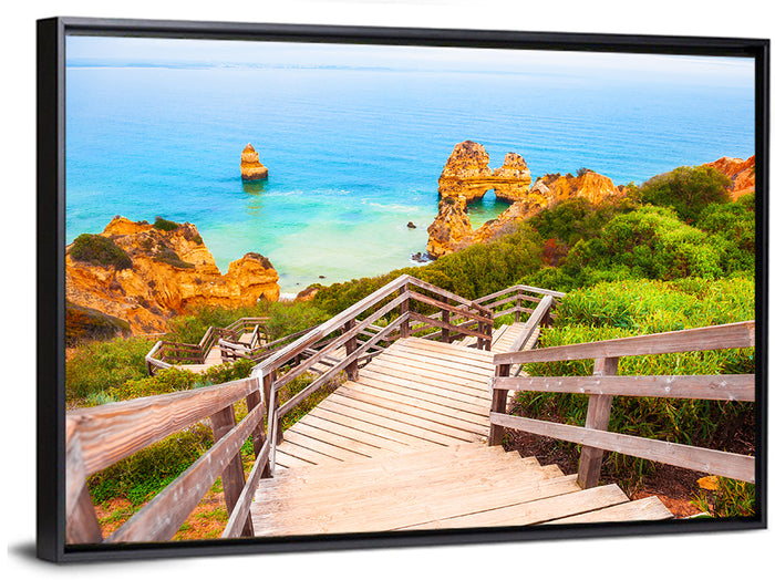 Wooden Stairs to Turquoise Atlantic Cove Wall Art as a framed canvas