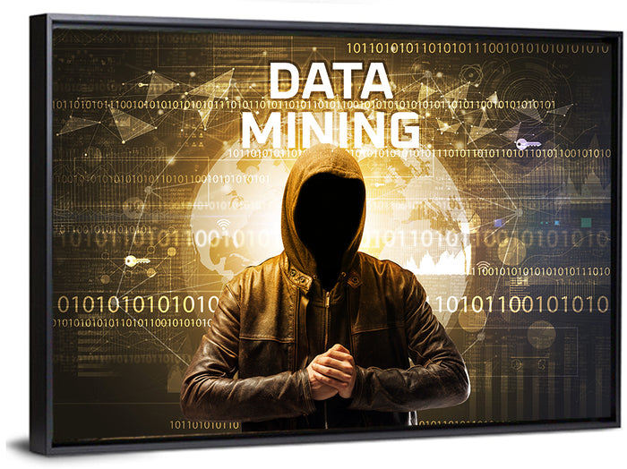 Hooded Hacker Data Mining Concept Wall Art as a framed canvas