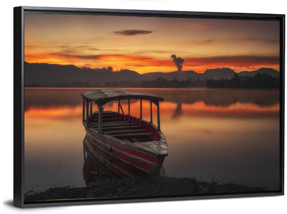 Sunset Fishing Boat on Calm Lake Wall Art