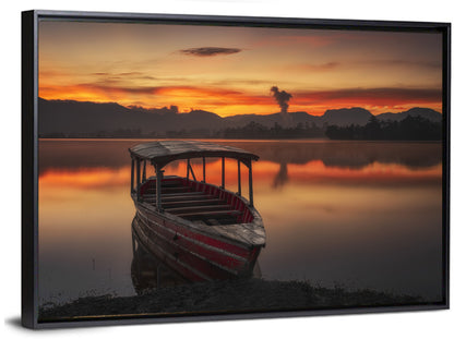Sunset Fishing Boat on Calm Lake Wall Art