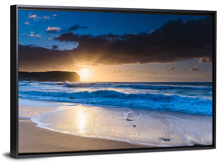 Macmasters Beach Golden Sunrise Wall Art as a framed canvas