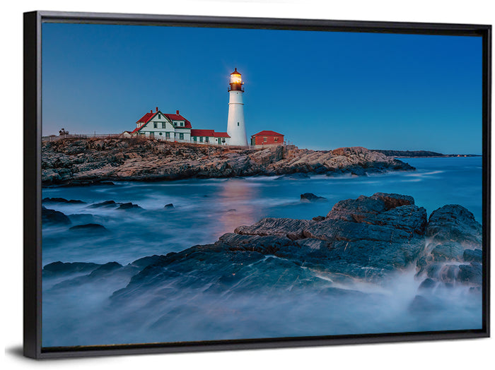 Portland Head Light at Dusk Wall Art as a framed canvas