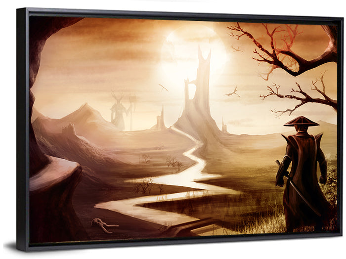 Silhouetted Samurai at Distant Tower Wall Art as a framed canvas