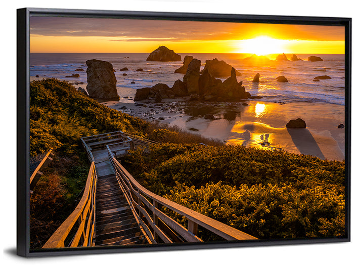 Bandon Beach Sunset Staircase Wall Art as a framed canvas