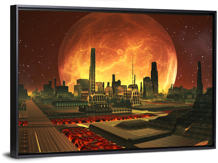 Molten Lunar Cityscape Wall Art as a framed canvas