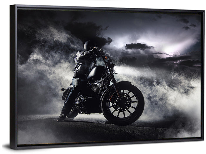 Motorcyclist in Fog at Night Wall Art as a framed canvas