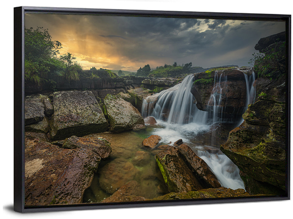 Mossy Rocks Waterfall at Golden Sky Wall Art
