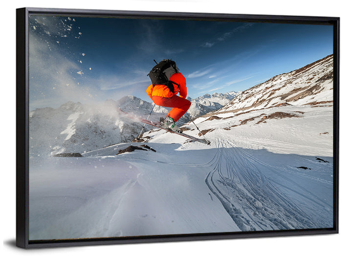 Skier Mid-air Jump Wall Art as a framed canvas